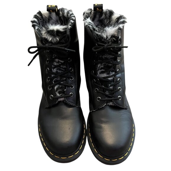 Dr. Martens Black Leather Fur-Lined Boots Womens Size 8 Lace-Up With Yellow Stit - Picture 2 of 10